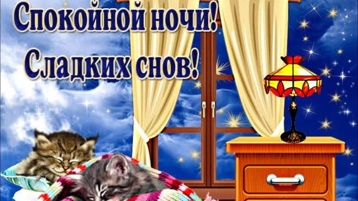 Открытка «Доброй ночи»: Спокойной ночи! Сладких снов с милыми котятами. Тэги: Спокойной ночи, Спокойной ночи, красивые…