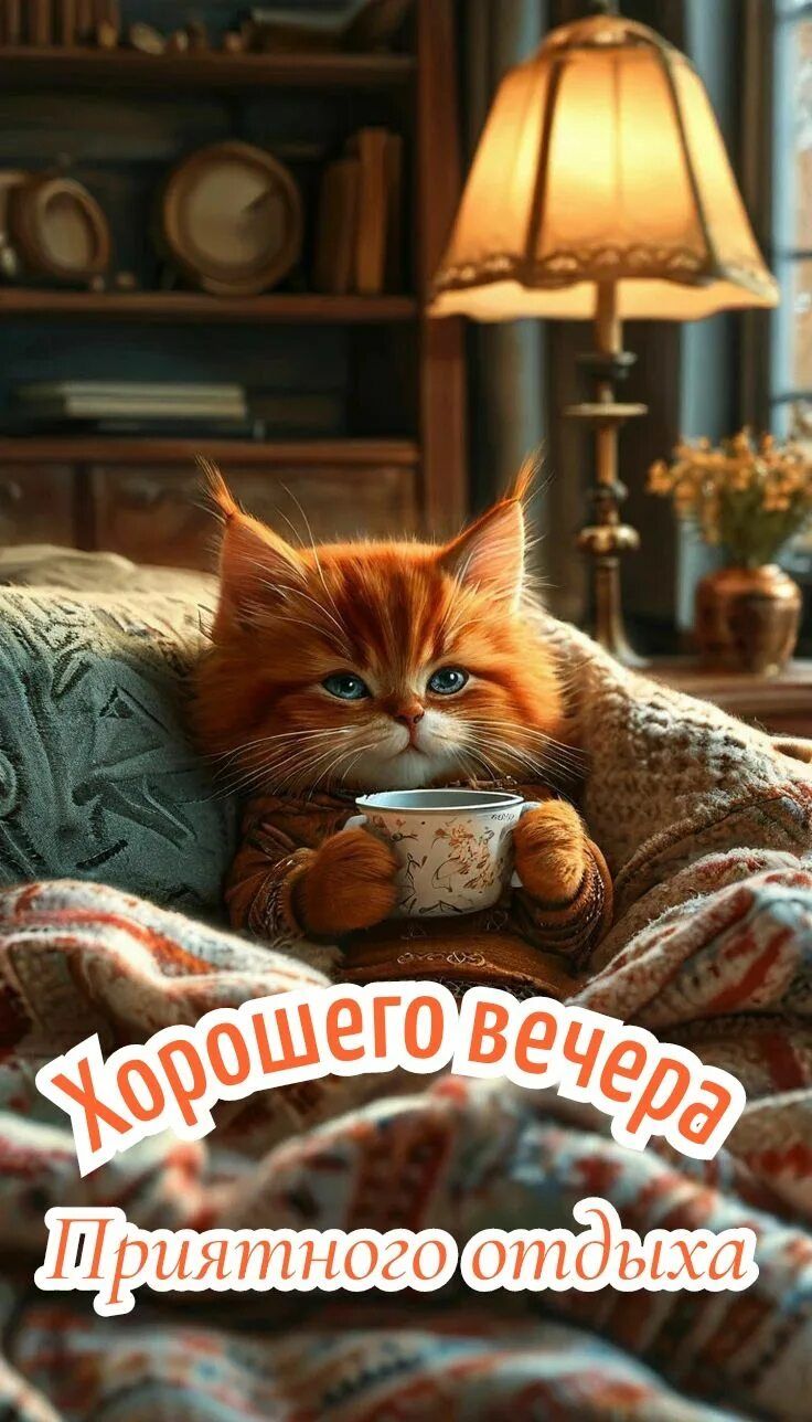 Открытка «Добрый вечер и пожелания»: Добрый вечер: милый котик с чашкой чая. Тэги: Добрый вечер, с котиками, Доброго…