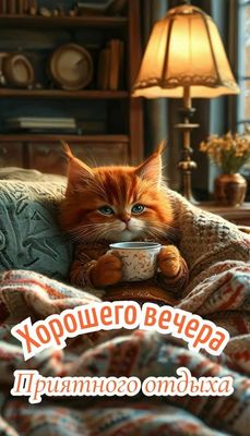 Открытка «Добрый вечер и пожелания»: Добрый вечер: милый котик с чашкой чая. Тэги: Добрый вечер, с котиками, Доброго…