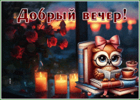 Открытка «Добрый вечер и пожелания»: Добрый вечер: Уютная сова, книги и ароматный кофе. Тэги: Доброго вечера и хороше…