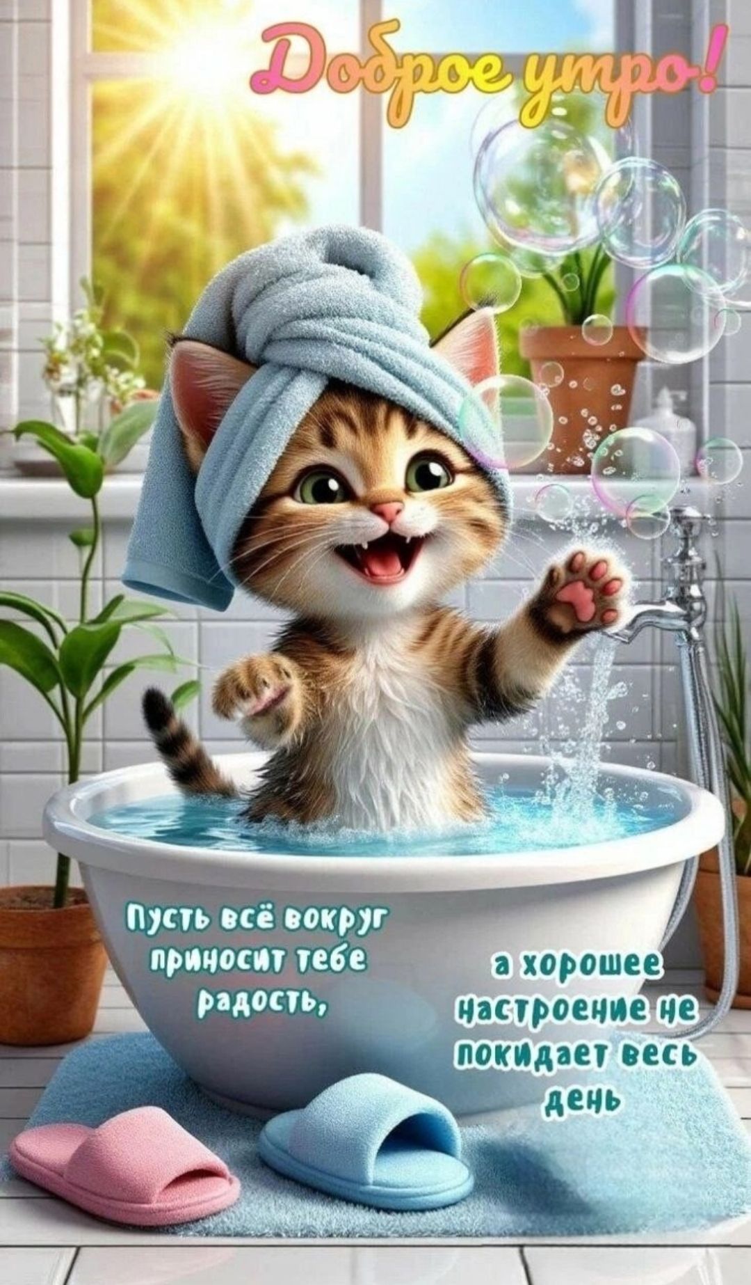 Открытка «С добрым утром»: Доброе утро: милый котёнок и отличный день!. Тэги: кот, животное, пожелание, позитивная…