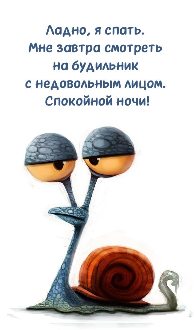 Открытка «Доброй ночи»: Спокойной ночи: прикольная открытка с улиткой. Тэги: Спокойной ночи, пожелание, смешной…