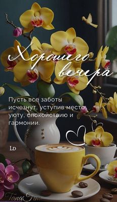 Открытка «Добрый вечер и пожелания»: Добрый вечер: «Желтые орхидеи и кофе». Тэги: Добрый вечер женщине, Доброго вечер…