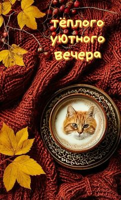 Открытка «Добрый вечер и пожелания»: Добрый вечер: Тепло пожеланий и рыжий кот в кофе. Тэги: Доброго вечера и хорошег…
