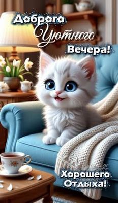 Открытка «Пожелание»: Добрый вечер и хорошего отдыха с милым котенком. Тэги: кот, милый, животное, чай, чашка, прекра…
