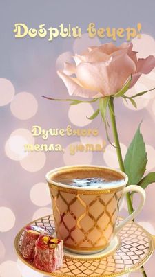 Открытка «Добрый вечер и пожелания»: Добрый вечер! Нежная роза и чашка ароматного кофе. Тэги: Доброго вечера и хороше…