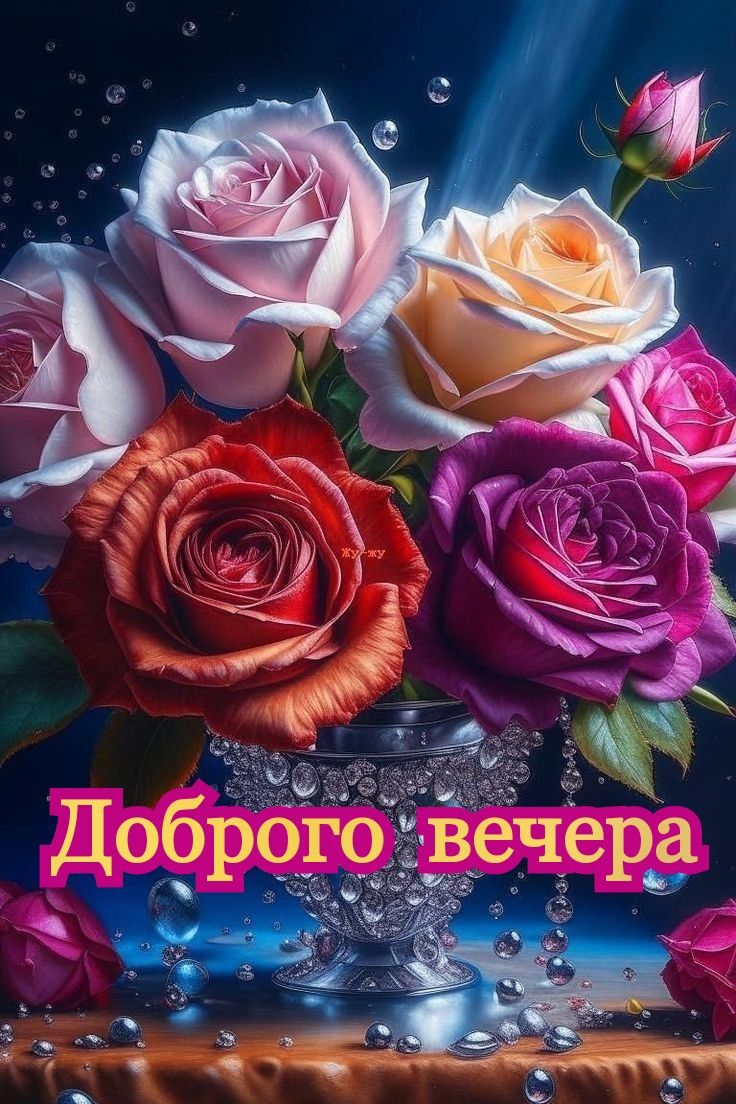 Открытка «Добрый вечер и пожелания»: Добрый вечер: пышный букет роз в красивой вазе. Тэги: Добрый вечер женщине…