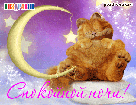 Открытка «Доброй ночи»: Спокойной ночи: рыжий кот на подушках под луной. Тэги: Спокойной ночи, Спокойной ночи, с поже…