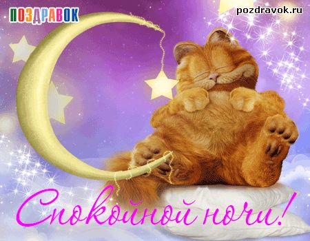 Открытка «Доброй ночи»: Спокойной ночи: рыжий кот на подушках под луной. Тэги: Спокойной ночи, Спокойной ночи, с поже…