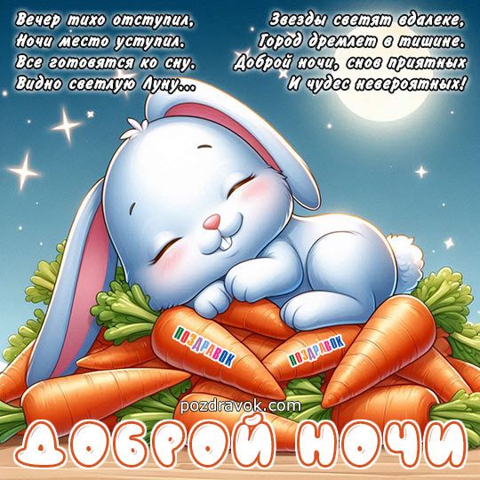 Открытка «Доброй ночи»: Доброй ночи: милый зайка на морковной подушке.