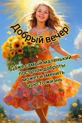 Открытка «Хорошего настроения»: Добрый вечер: мудрое пожелание и букет подсолнухов. Тэги: пожелание, радость, улыбка…