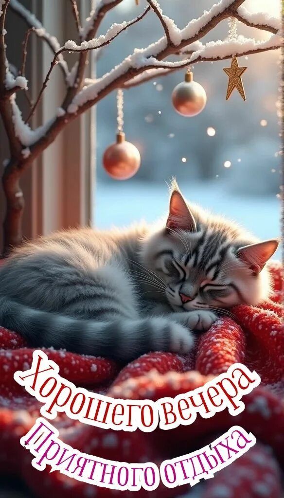 Открытка «Добрый вечер и пожелания»: Добрый вечер и приятный отдых: милый кот у окна. Тэги: Добрый зимний вечер…
