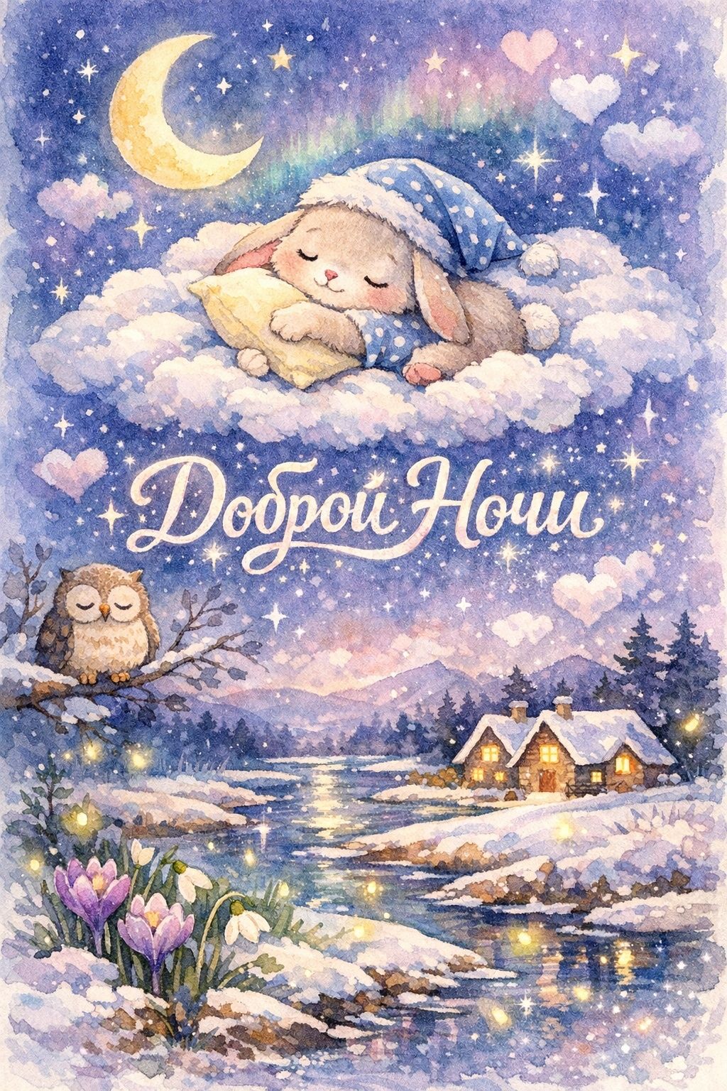 Открытка «Доброй ночи»: Спокойной и доброй ночи: Зайка на облаке. Тэги: Спокойной ночи, Спокойной ночи, с пожеланиями…