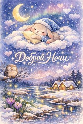 Открытка «Доброй ночи»: Спокойной и доброй ночи: Зайка на облаке. Тэги: Спокойной ночи, Спокойной ночи, с пожеланиями…