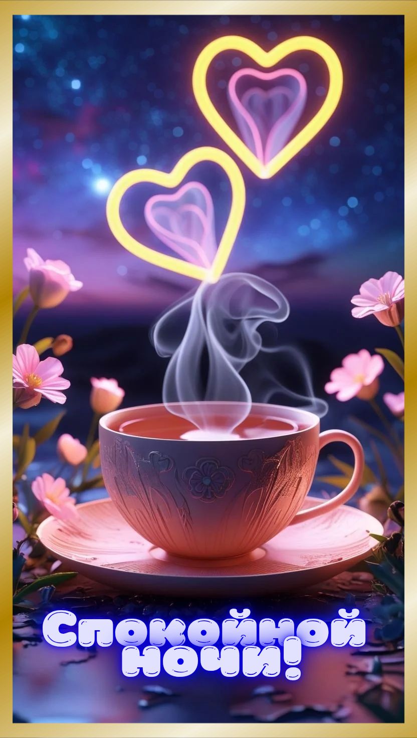 Открытка «Доброй ночи»: Спокойной ночи: Романтическая чашка чая под небом. Тэги: Спокойной ночи, Спокойной ночи…