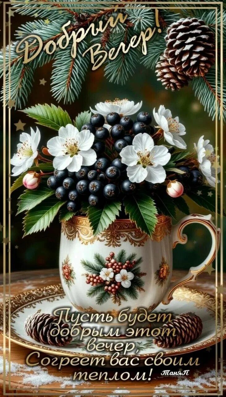 Открытка «Добрый вечер и пожелания»: Добрый вечер: уют и тепло с ароматом зимней хвои. Тэги: Добрый зимний вечер…