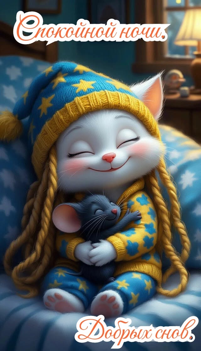 Открытка «Доброй ночи»: Спокойной ночи: милый котик в колпачке. Тэги: Спокойной ночи, Спокойной ночи, с пожеланиями…