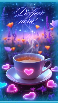 Открытка «Доброй ночи»: Доброй ночи: чашка чая с сердцами и лавандой. Тэги: Спокойной ночи, Спокойной ночи, с пожелан…