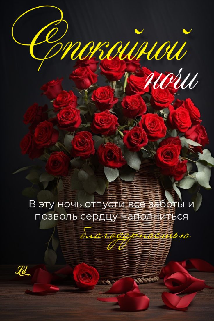 Открытка «Доброй ночи»: Спокойной ночи: корзина алых роз и доброе пожелание. Тэги: Спокойной ночи, Спокойной ночи…