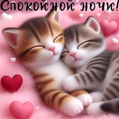 Открытка «Доброй ночи»: Спокойной ночи: милые спящие котята и сердечки. Тэги: Спокойной ночи, пожелание, кот, рисунок…
