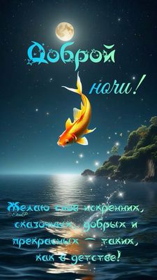 Открытка «Доброй ночи»: Доброй ночи: Золотая рыбка под луной. Тэги: искренний