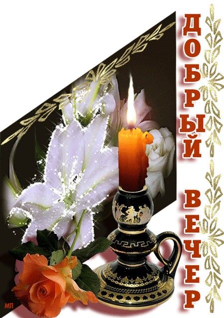 Открытка «Добрый вечер и пожелания»: Добрый вечер: Душевное пожелание с цветами и свечой. Тэги: Доброго вечера и хоро…