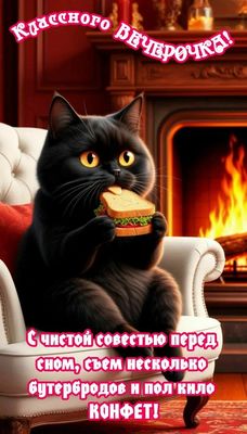 Открытка «Добрый вечер и пожелания»: Добрый вечер: прикольный черный кот у камина. Тэги: Прикольный добрый вечер…
