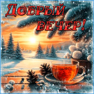 Открытка «Чай»: Добрый вечер! Красивая открытка с зимним закатом. Тэги: чашка, зима, мороз, дерево, солнце, елка, снег…
