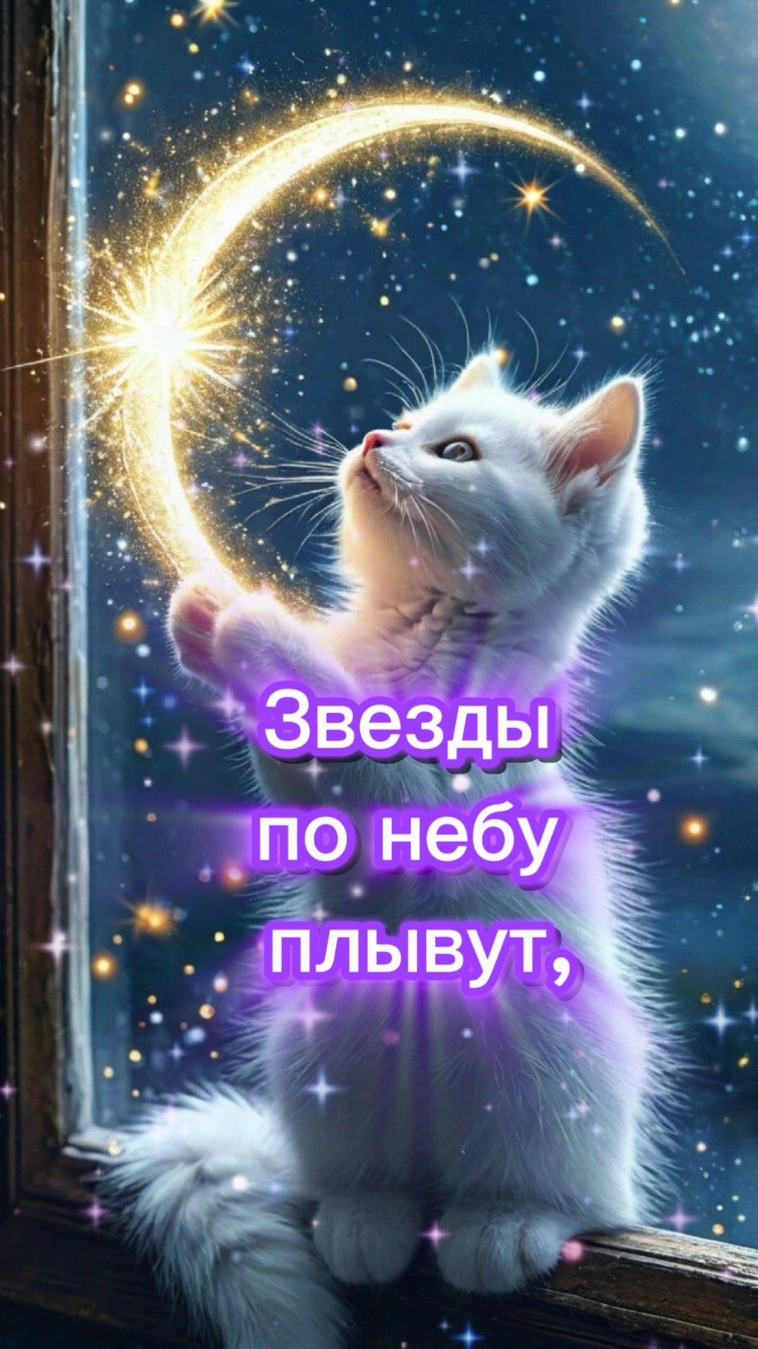 Открытка «Доброй ночи»: Доброй ночи: «Белый кот и золотой месяц». Тэги: Спокойной ночи, Спокойной ночи, с пожеланиями…