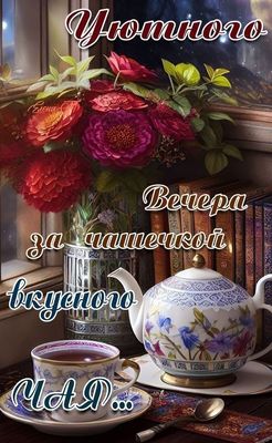 Открытка «Добрый вечер и пожелания»: Добрый вечер: «Уютное чаепитие» с красивым букетом. Тэги: Доброго вечера и хорош…