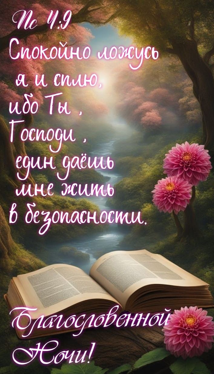 Открытка «Доброй ночи»: Доброй ночи: цитата из Псалма и сказочный пейзаж. Тэги: Спокойной ночи, христианский, Доброй…