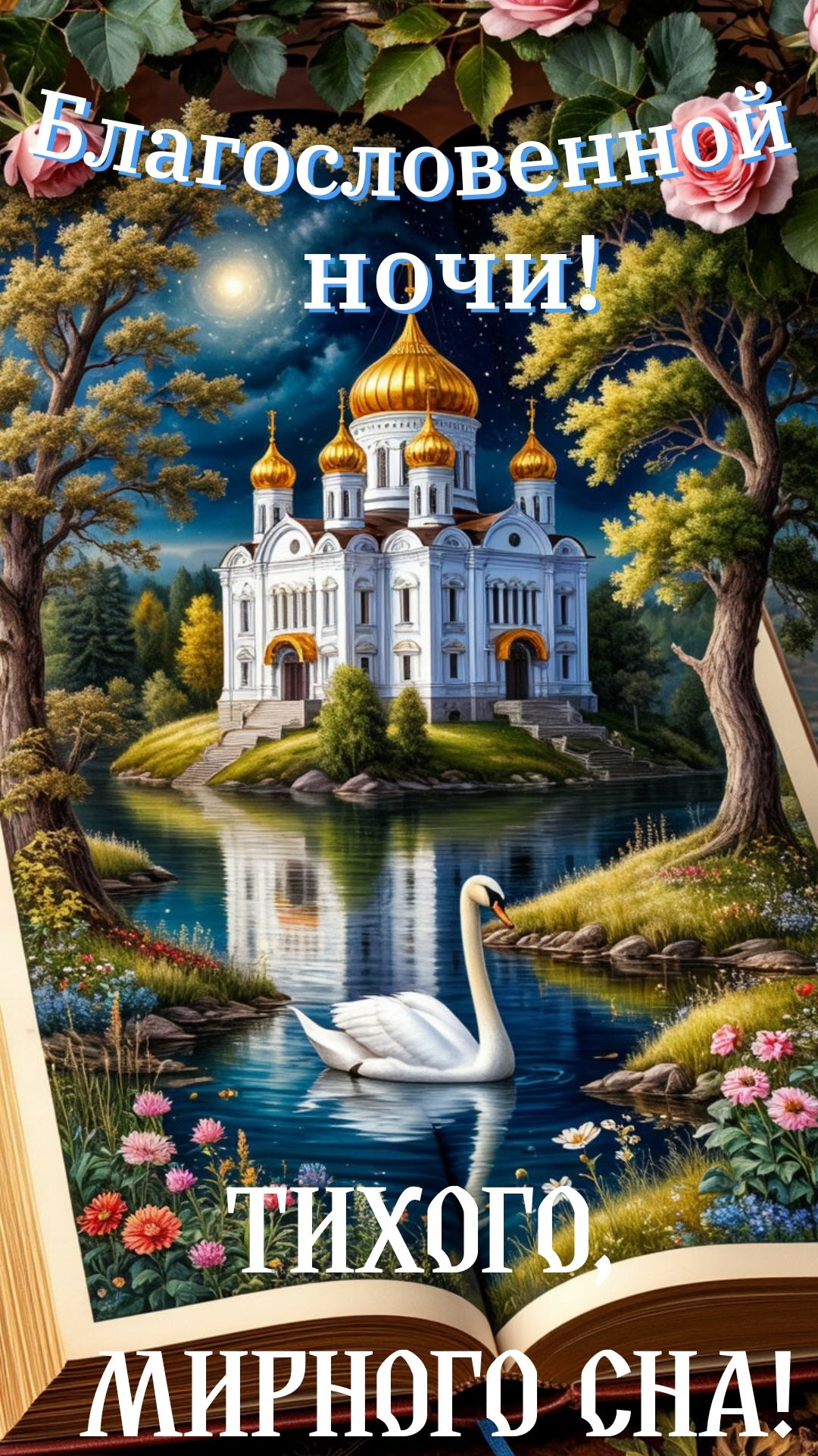 Открытка «Доброй ночи»: Спокойной ночи: Храм, лебедь и благословение. Тэги: христианский, мирный