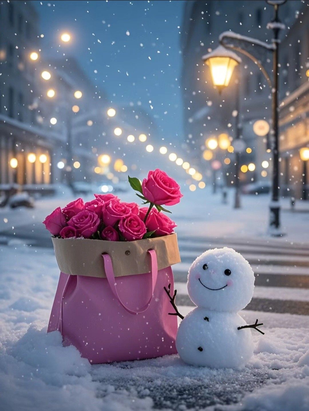 Открытка «Добрый вечер и пожелания»: Добрый вечер: «Снеговик с букетом роз». Тэги: Добрый зимний вечер, Добрый вечер…