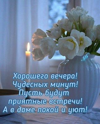 Открытка «Пожелание»: Добрый вечер: пожелание уюта и букет белых цветов. Тэги: настроение, уют, хороший, нежный…
