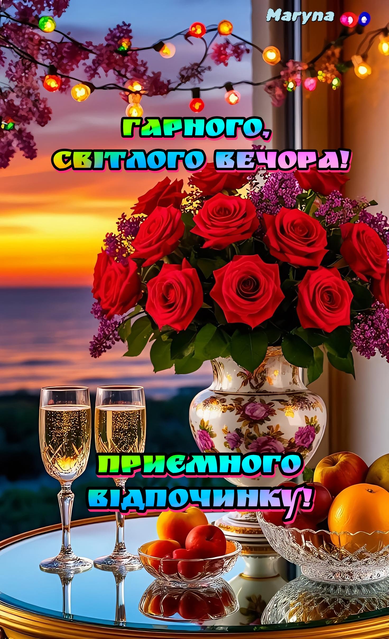 Открытка «Добрый вечер и пожелания»: Добрый вечер: Красивый букет роз и отдых у моря. Тэги: Добрый вечер, с цветами…