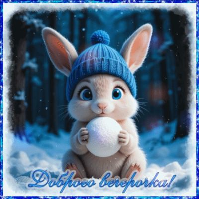 Открытка «Добрый вечер и пожелания»: Добрый вечер: Милый зайчик в зимнем лесу. Тэги: Добрый зимний вечер, Добрый вече…
