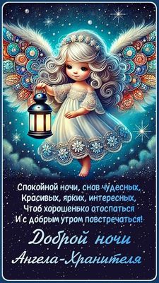Открытка «Доброй ночи»: Доброй ночи: Милый Ангел с фонариком и пожеланием. Тэги: Спокойной ночи, Спокойной ночи…