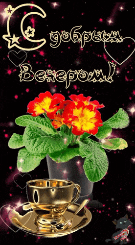Открытка «Добрый вечер и пожелания»: С добрым вечером: золотая чашка и цветы. Тэги: Доброго вечера и хорошего настрое…