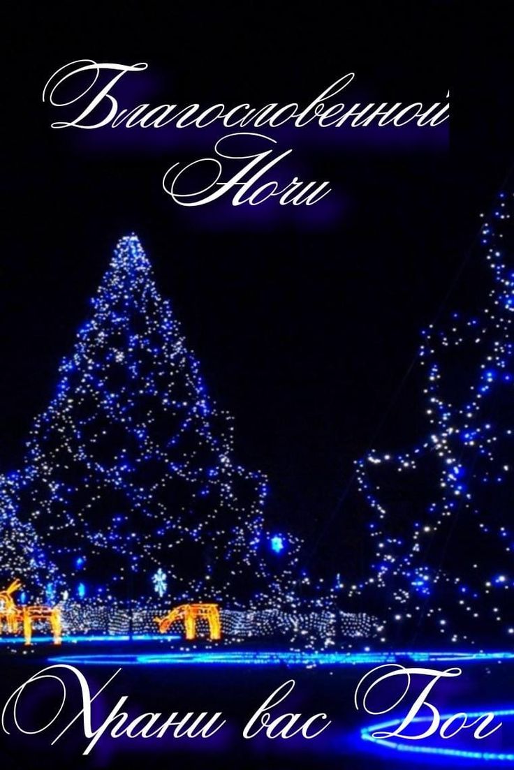 Открытка «Доброй ночи»: Доброй ночи: Благословение и огни новогодней ели. Тэги: христианский