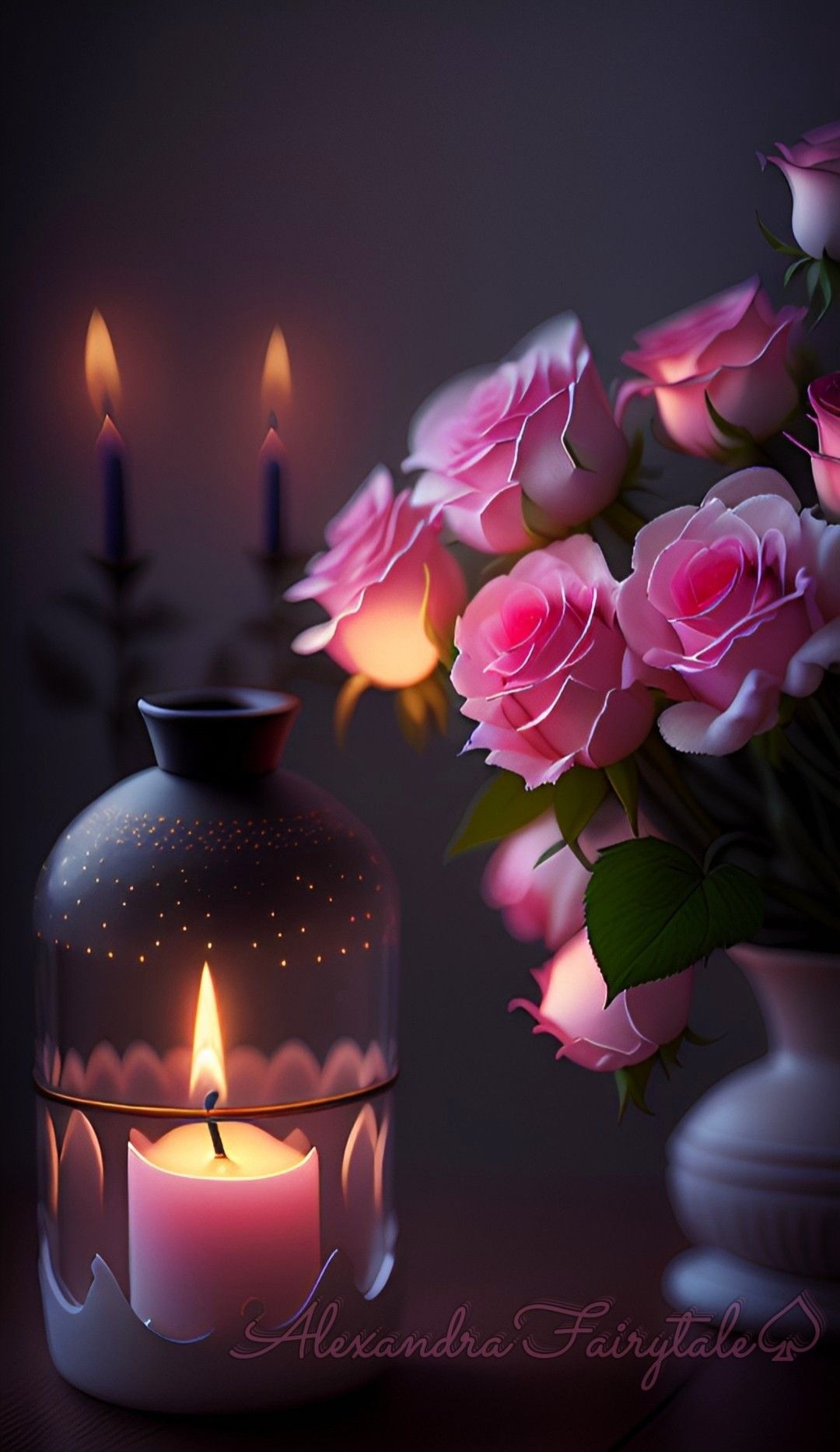 Открытка «Любимая женщина»: Добрый вечер: Нежные розовые розы и свечи. Тэги: Добрый вечер и пожелания, Добрый вечер к…