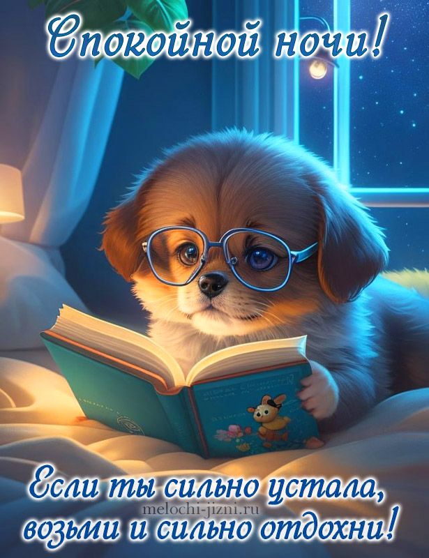 Открытка «Доброй ночи»: Спокойной ночи: милый щенок с книгой в очках. Тэги: Спокойной ночи, Спокойной ночи, с пожелан…