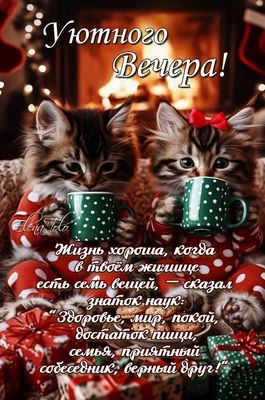 Открытка «Хорошего настроения»: Добрый вечер: Уютного вечера с милыми котятами. Тэги: пожелание, кот, праздник, милый…