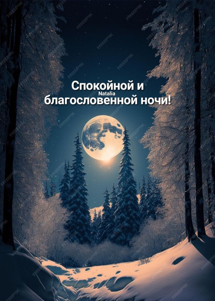 Открытка «Доброй ночи»: Доброй ночи: зимний пейзаж с луной и пожеланием. Тэги: Спокойной ночи, христианский, Спокойно…