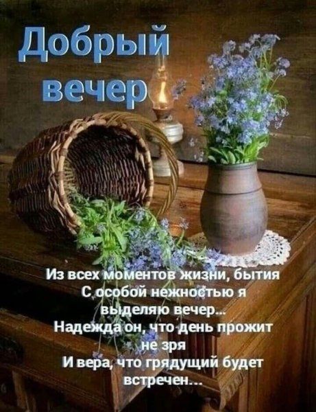 Открытка «Добрый вечер и пожелания»: Добрый вечер: уютная открытка с цветами и стихами. Тэги: Доброго летнего вечера…