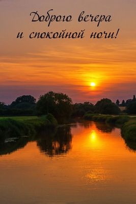 Открытка «Спокойной ночи»: Доброго вечера и спокойной ночи: закат у реки. Тэги: пожелание, надпись, дерево, солнце…