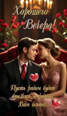Открытка «Добрый вечер и пожелания»: Добрый вечер: романтическая открытка с парой и розами. Тэги: Добрый вечер женщине…