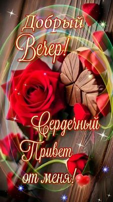Открытка «Добрый вечер и пожелания»: Добрый вечер! Сердечный привет и красные розы. Тэги: Добрый вечер красивые…