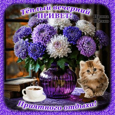 Открытка «Кот»: Добрый вечер: Теплый привет и приятный отдых. Тэги: женщина, кофе, милый, животное, чай, чашка, теплый…