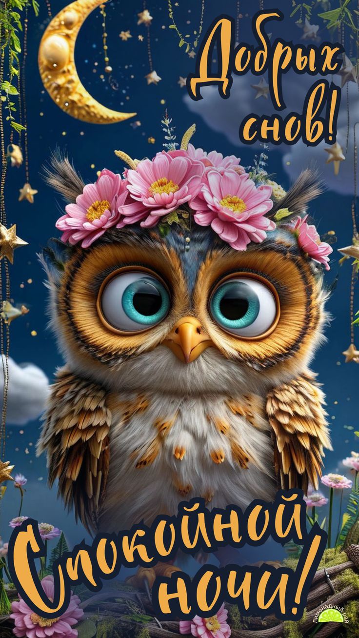 Открытка «Доброй ночи»: Спокойной ночи! Милая сова и пожелание добрых снов. Тэги: Спокойной ночи, Спокойной ночи…