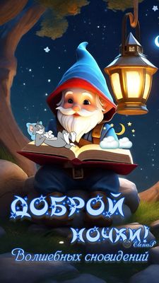 Открытка «Доброй ночи»: Доброй ночи: волшебный гном и теплые пожелания. Тэги: Спокойной ночи, Спокойной ночи, с пожел…